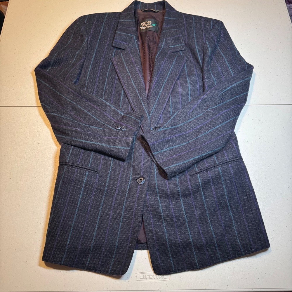 James River Traders Vintage 80s Wool Blend‎ Pinstripe Blazer Jacket Academia